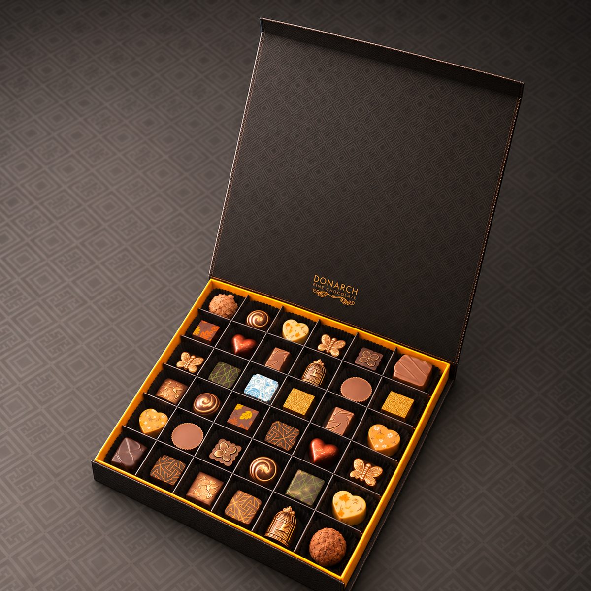 36 Piece Soft Centre Box: thirty-six hand-painted soft centres in an open Donarch gift box
